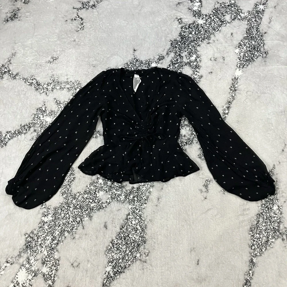 Free People Moon Child Black Crescent Moon Ruched Peplum Blouse Women's Size S